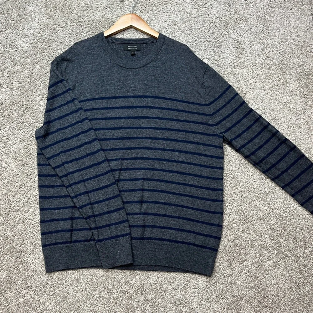 Banana Republic Sweater Men Large Gray Navy Blue Long Sleeve Striped Merino Wool